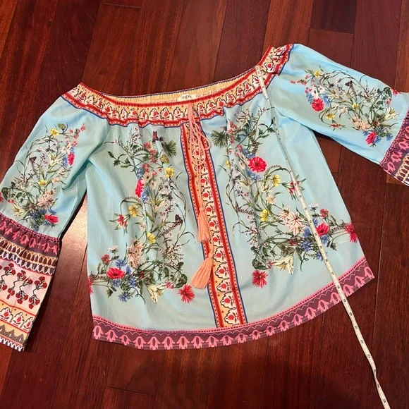 Umgee Floral Boho Blouse Off the Shoulder Small Mixed Print Womens Gypsy Top - Picture 5 of 9